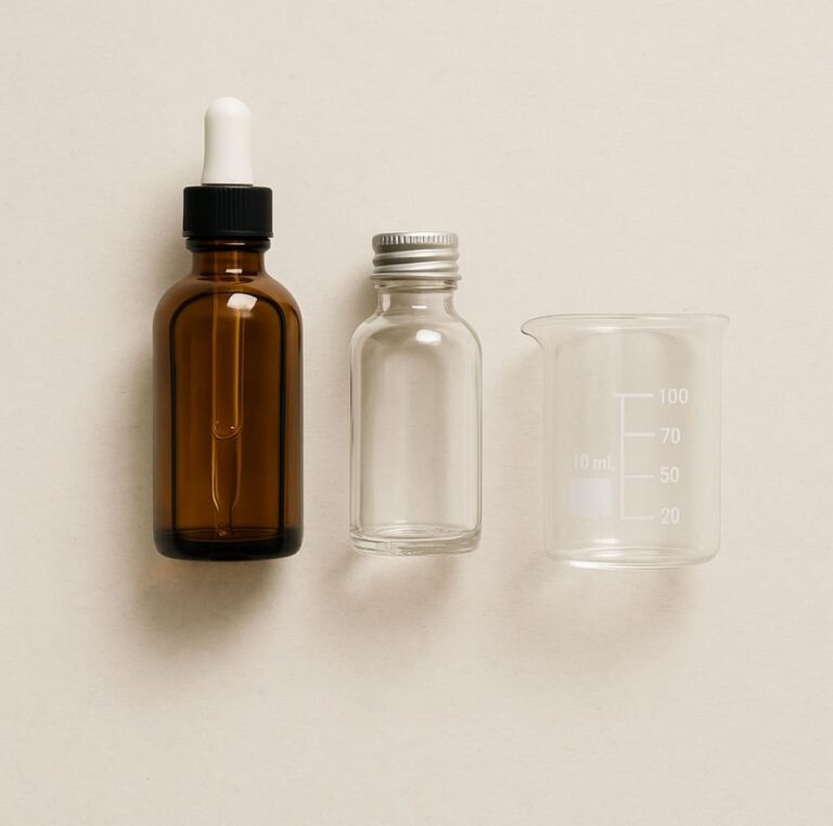 Drei verschiedene Laborflaschen – ein Braunglas-Dropper, ein klares Glasfläschchen und ein Messbecher – auf hellem, strukturiertem Hintergrund, clean und minimalistisch arrangiert.