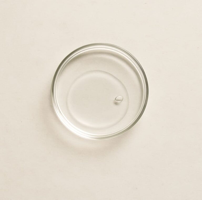 Eine einzelne Petrischale mit klarer Flüssigkeit auf hellem, strukturiertem Hintergrund – minimalistisch und natürlich inszeniert.