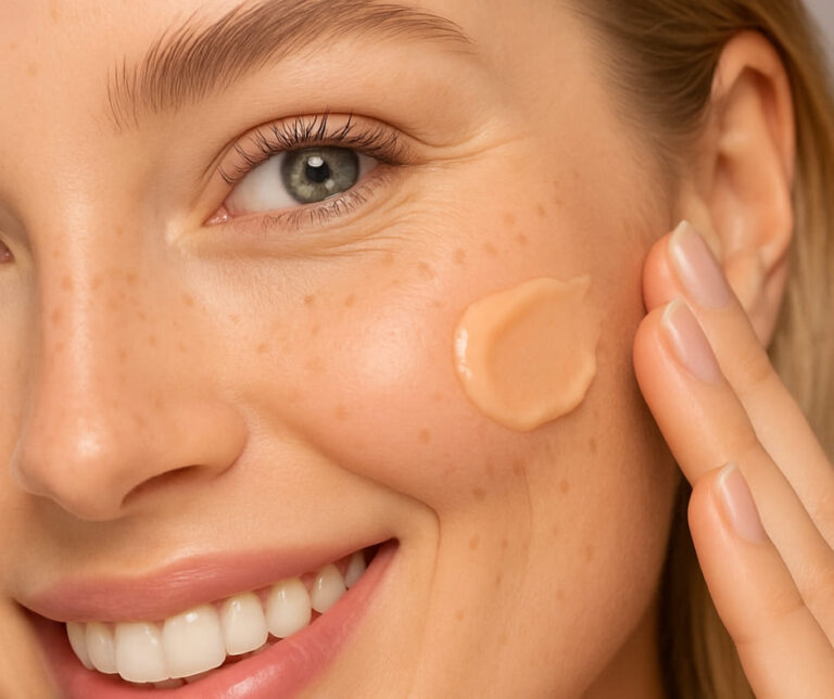 Frau trägt feuchtigkeitsspendendes Hautpflege-Serum mit Hyaluron auf das Gesicht auf